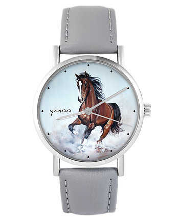 Zegarek - Koń brązowy - szary, skórzany, yenoo