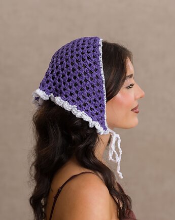 Szydełkowa chustka bandana bawełna organiczna z falbanką letnia fioletowa, DecMabu