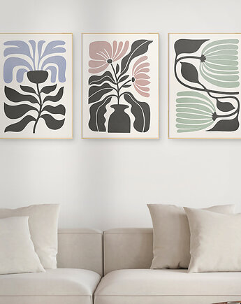 Zestaw 3 plakatów z motywem abstrakcyjnych kwiatów, oryginalne, w stylu retro., Grawisfera