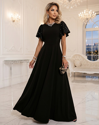 694-1 MIRELLA Elegancka rozkloszowana sukienka maxi z cekinami - czarna, NUMOCO