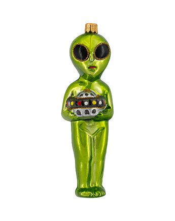 Bombka choinkowa szklana ręcznie malowana: Kosmita z UFO: zielony, Syn Bombkarza
