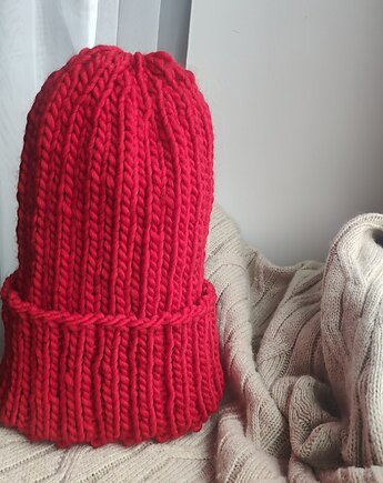 Wełniana czapka merino WOOLLY czerwona, Po.dziergane
