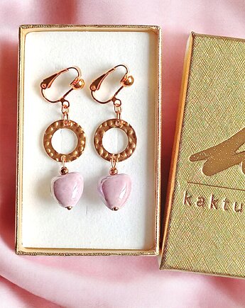 Klipsy długie : serduszka ceramiczne : różowe, kaktusia