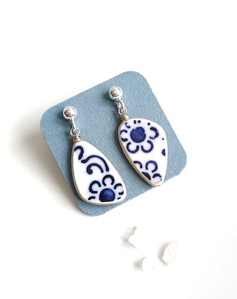 Kolczyki ceramiczne w kobaltowe kwiaty, biżuteria z talerzy