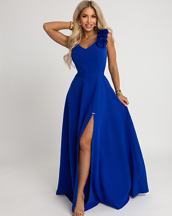 643-8 Elegancka wieczorowa suknia maxi z rozcięciem i różami - chabrowa, NUMOCO