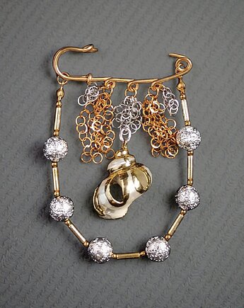 PREMIUM : broszka srebrno-złota z muszlą : efektowna, okazała, kaktusia