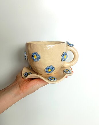 Ceramiczny ręcznie robiony zestaw w kwiatki