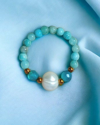 Pierścionek : summer :: perła, hemimorfit, agat, kaktusia