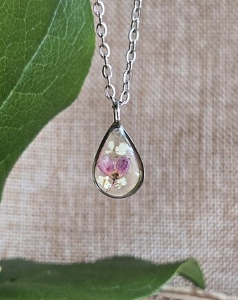 Srebrny wisiorek prawdziwe kwiaty różowa łezka, zkwiatem