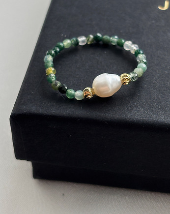 Pierścionek elastyczny Agat Zielony i Perła, Chmolowska Jewellery