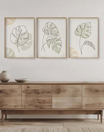 Zestaw 3 stylowych plakatów w stylu Boho, rośliny, monstera, line art., Grawisfera