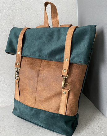 Plecak  włóczykija - butelkowa zieleń, koniak, cynamon, PRACOWNIA 166