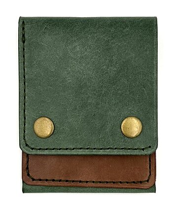 Zielono-brązowy portfel skórzany ręcznie uszyty na karty., Rkabags