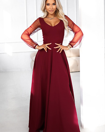 640-1 LORETTA Długa sukienka z tiulowymi rękawami i dekoltem - bordowa, NUMOCO