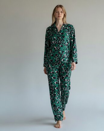 Piżama z wiskozy elegancka piżama w kolorze butelkowej zieleni długa, HisOutfit