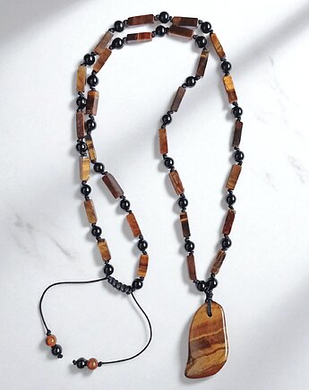 UNIKAT: tygrysie oko, onyks : supełkowany naszyjnik męski, kaktusia