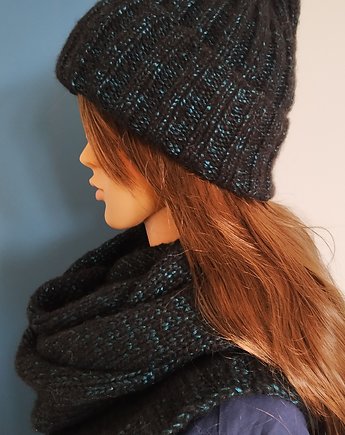 Zestaw  z czapki Classic i szalika ,czarno -granatowy,gotowy do wysyłki, Knit Couture