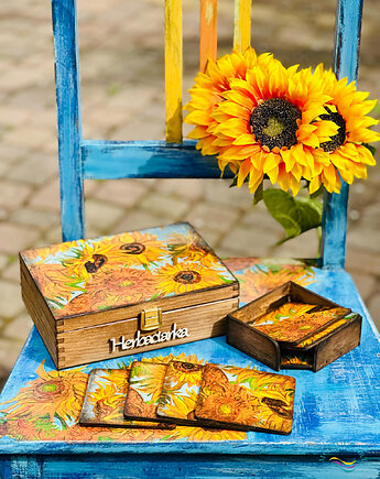 Zestaw prezentowy ze słonecznikami, pudełko na herbatę i podkładki, sielskie, Monique Art