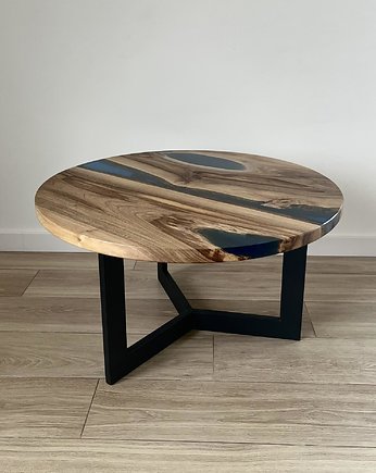 Okrągły stolik z drewna orzecha z niebieską żywicą, LineWood