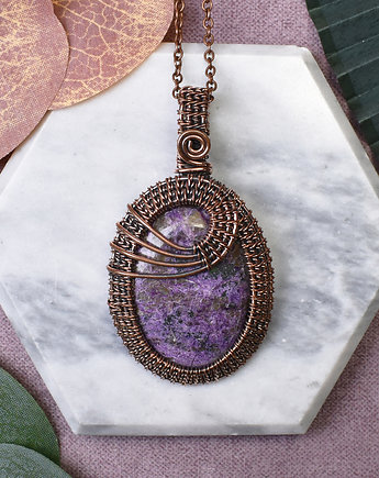 Miedziany wisiorek wire wrapping z purpurytem #478, Metal Earth Jewelry