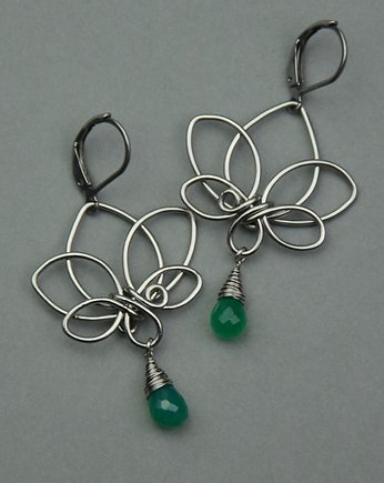 Kolczyki kwiat lotosu zielony onyks wire wrapping, Agata Rozanska