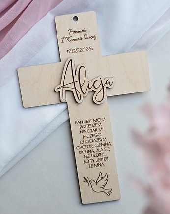 Personalizowana pamiątka Pierwszej Komunii Świętej - Krzyż, Psalm 23, BohoSuszki
