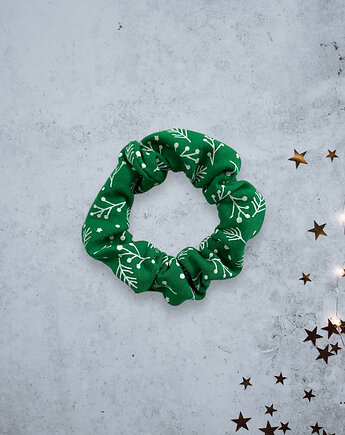 Scrunchie gumka frotka wąska - świąteczna gałązki zielona, Zdunetti