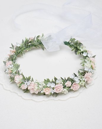 Wianek komunijny jak żywy, róż, zieleń, Petite Dame