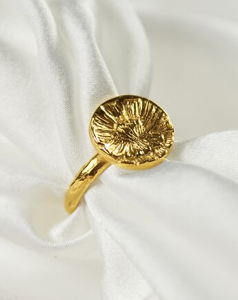 Srebrny pozłacany pierścionek Piwonia Peony Ring, rzeźbiony kwiat, Her Ring Bizuteria