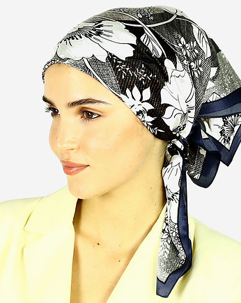 Jedwana chusta na głowę damska apaszka w kwiaty 100% jedwab - granatowa, Marco Mazzini