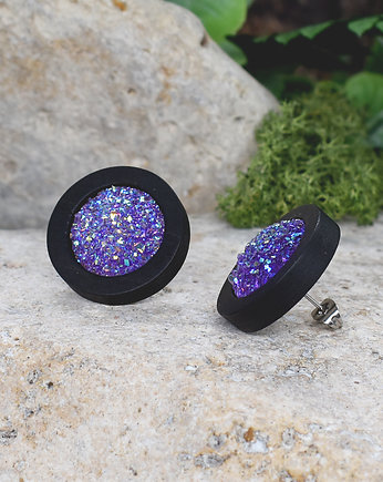 Drewniane kolczyki wkrętki z druzami boho, Spirit Of Copper