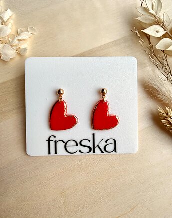 Kolczyki Serca wiszące - czerwone ze złotem, freska