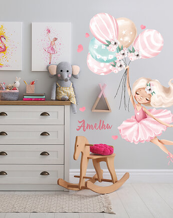 Baletnica, pastelowe baloniki, serca, kropki  Naklejka na ścianę, Mała Pracownia DK