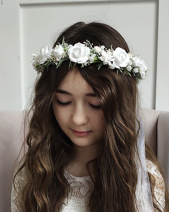 Delikatny Wianek komunijny jak żywy biel, ivory , zieleń,, Petite Dame
