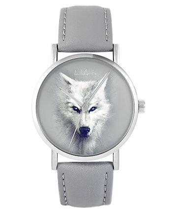 Zegarek - Biały wilk - skóra, szary, yenoo