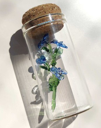 Szklany kwiat w butelce - niebieska niezapominajka, dekoracja kwiatowa boho, OKAZJE - Prezent na Walentynki