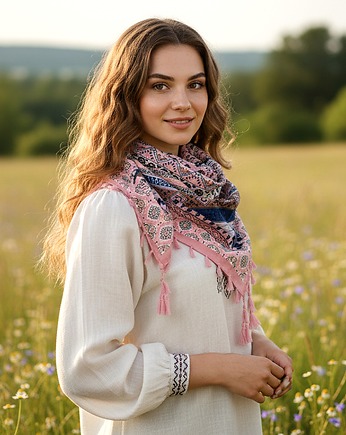 DUŻA LUDOWA CHUSTA GÓRALSKA Florku Akademia Stylu różowa, AKADEMIA STYLU
