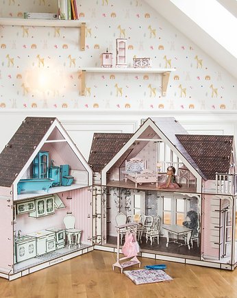 Drewniany domek dla lalek Pink + dobudówka, forestfun