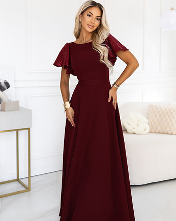 694-3 MIRELLA Elegancka rozkloszowana sukienka maxi z cekinami - bordo, NUMOCO