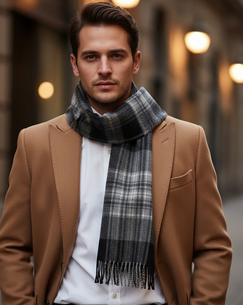 Szalik Męski Czarny Szary Kratka Wełna Kaszmir