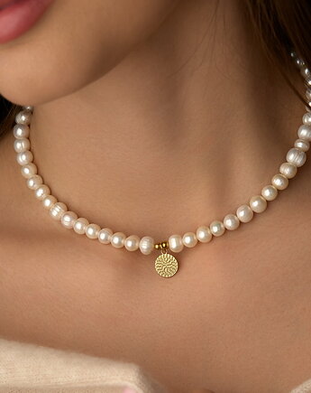 Naszyjnik perły naturalne moneta- stal szlachetna pozłacana, Coccola JEWELLERY