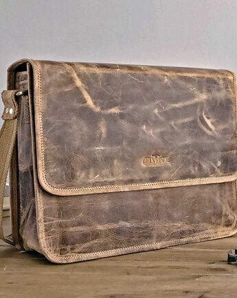 Belveder Brązowa Torba Listonoszka Męska z Klapą Skóra Buffalo Vintage LB37, Belveder