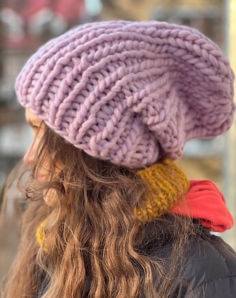 Gruba zimowa czapka z wełny peruwiańskiej jasny liliowy, Made by Jaga