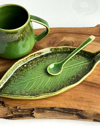 Zielony kubek ceramiczny  z talerzykiem  LIŚĆ, Ceramika Tyka