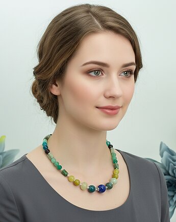 Duży, zielony naszyjnik, amazonit, jadeit, agat, srebro 925, Yamira Art Studio