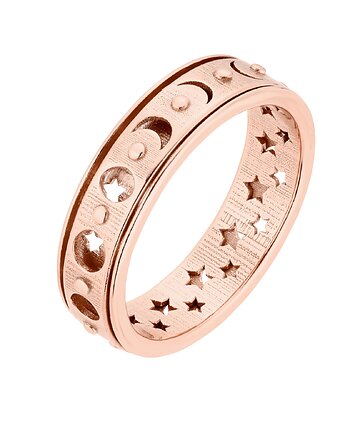 Obrotowa obrączka z fazami księżyca i gwiazdami z różowego złota, SOTHO