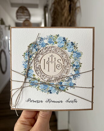 Ręcznie robiona kartka na komunię z życzeniami, sorte
