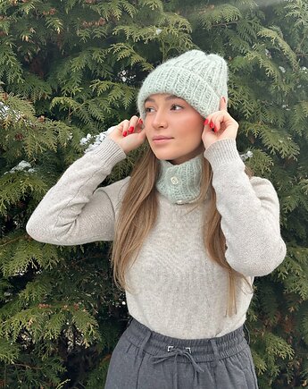 Alpaka wełna merino komplet czapka komin z ozdobnymi guzikami, GANGSTA KNIT