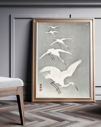 PLAKAT japoński, żurawie w locie, ptaki ilustracja szara, OKAZJE - Prezent na Ślub