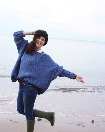 Sweter handmade oversize  blue z wełną, Mademoiselle Patrini